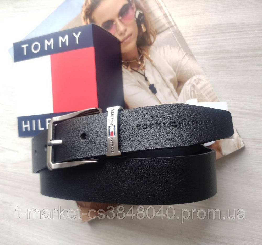 Кожаный мужской ремень Tommy Hilfiger черный - фото 3 - id-p2030940494