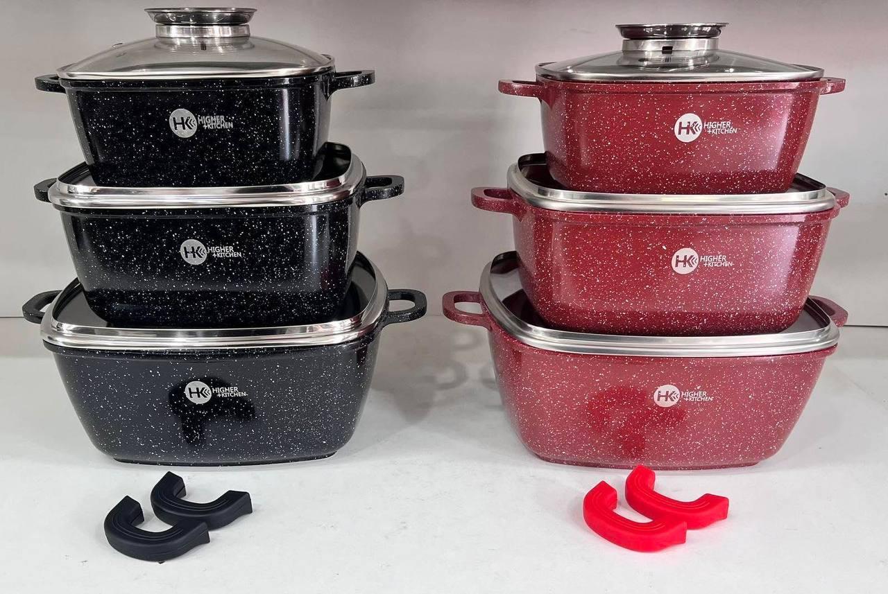 Набір каструль Higher Kitchen HK-302 червоний із гранітним антипригарним покриттям, Якісний набір посуду
