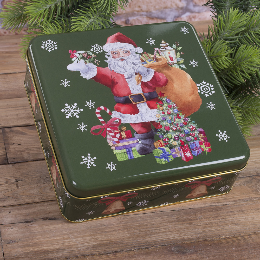 Коробка металева квадратна "Санта з подарунками"