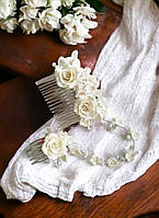 Двойной свадебный гребень с розами из полимерной глины, хрусталем, жемчугом Майорка для невесты