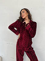 Стильная женская пижама бархатная FENDI рубашка и штаны (Фенди) бордовая