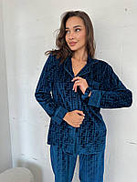 Стильная женская пижама бархатная FENDI рубашка и штаны (Фенди) синяя