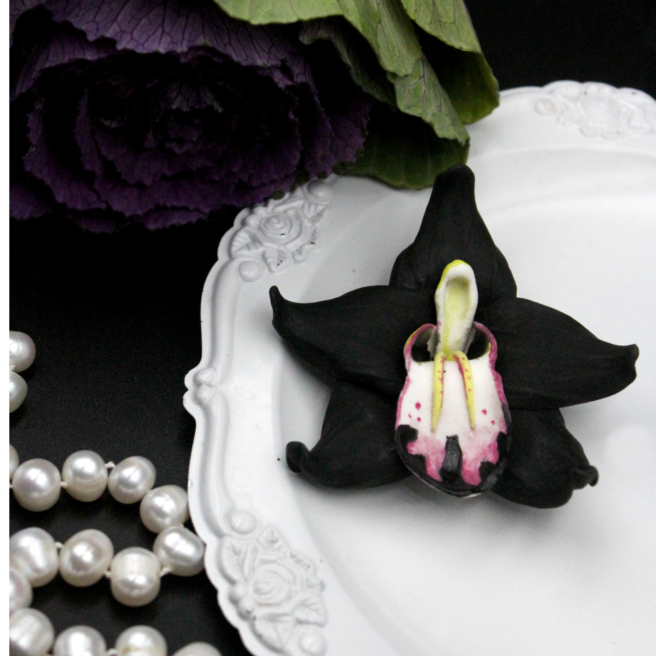 "Чёрная орхидея"(1шт) заколка цветок из полимерной глины. - фото 5 - id-p581646758