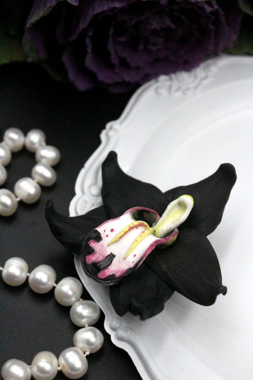 "Чёрная орхидея"(1шт) заколка цветок из полимерной глины. - фото 9 - id-p581646758
