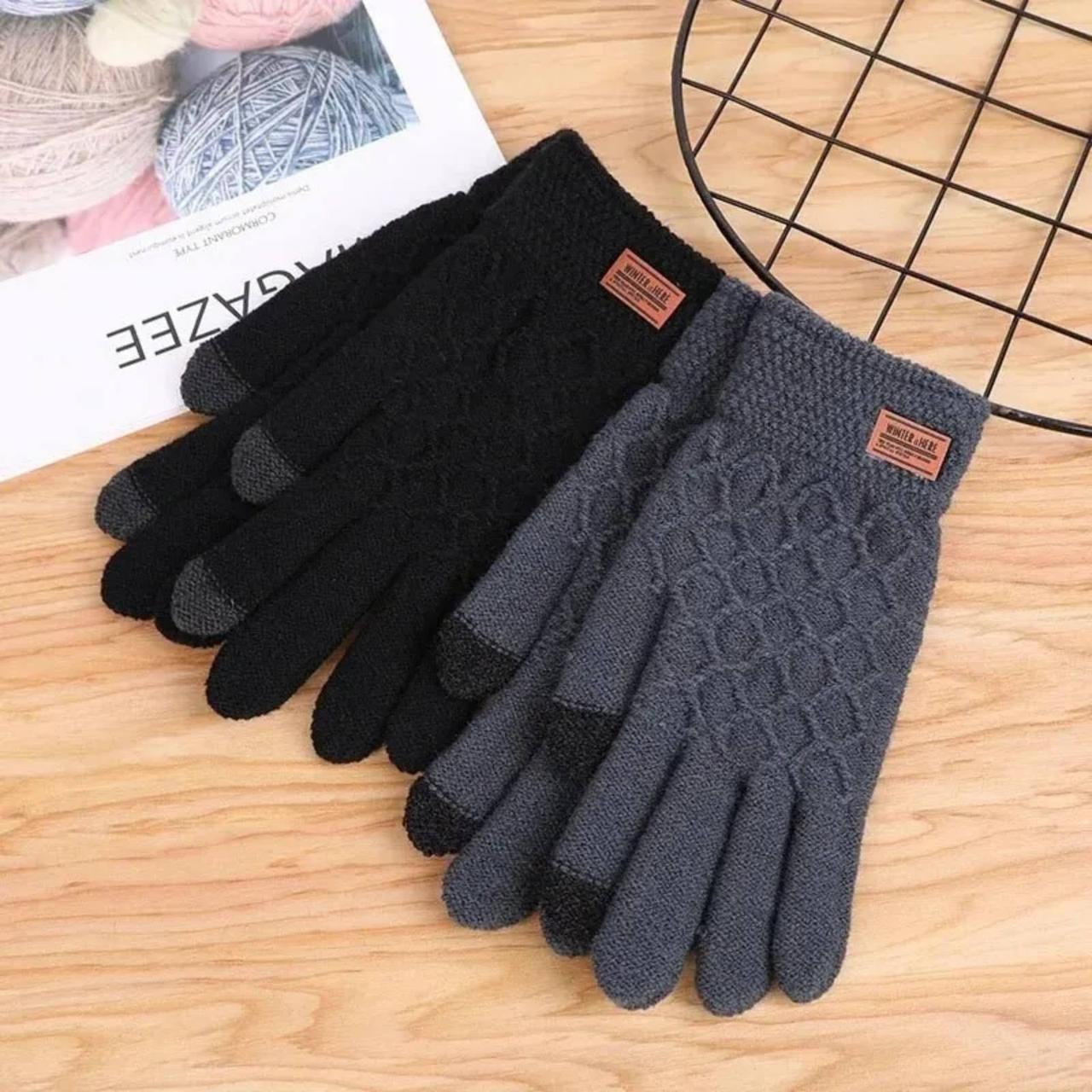Чорні, щільні, в'язані, універсальні, зимові рукавички з сенсором для телефону. Чорні жіночі, чоловічі рукавички.