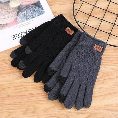 Чорні, щільні, в'язані, універсальні, зимові рукавички з сенсором для телефону. Чорні жіночі, чоловічі рукавички.