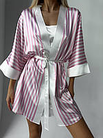 Женский шелковый комплект белая ночная сорочка с розовым халатом Victoria's Secret (Виктория сикрет)