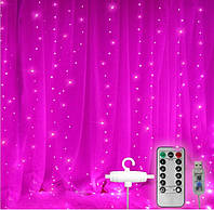 Новогодняя Гирлянда Штора 300LED + пульт ДУ и крючки для монтажа. 3 х 3 м, USB Розовый цвет свечения
