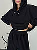 Чорний жіночий костюм із вельвету: кофта з капюшоном та штани на манжеті з об'ємними накладними кишенями, фото 2