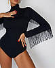 Чорне жіноче боді з бахромою під тон на рукавах із мікродайвінгу, фото 2