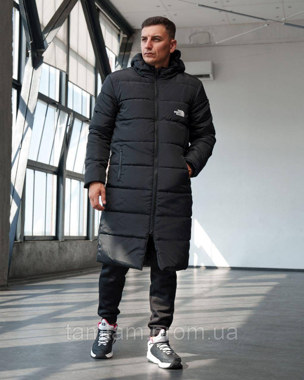 Мужской зимний черный пуховик длинное спортивное пальто парка, теплая стеганная удлиненная куртка TNF Там - фото 1 - id-p2031112221
