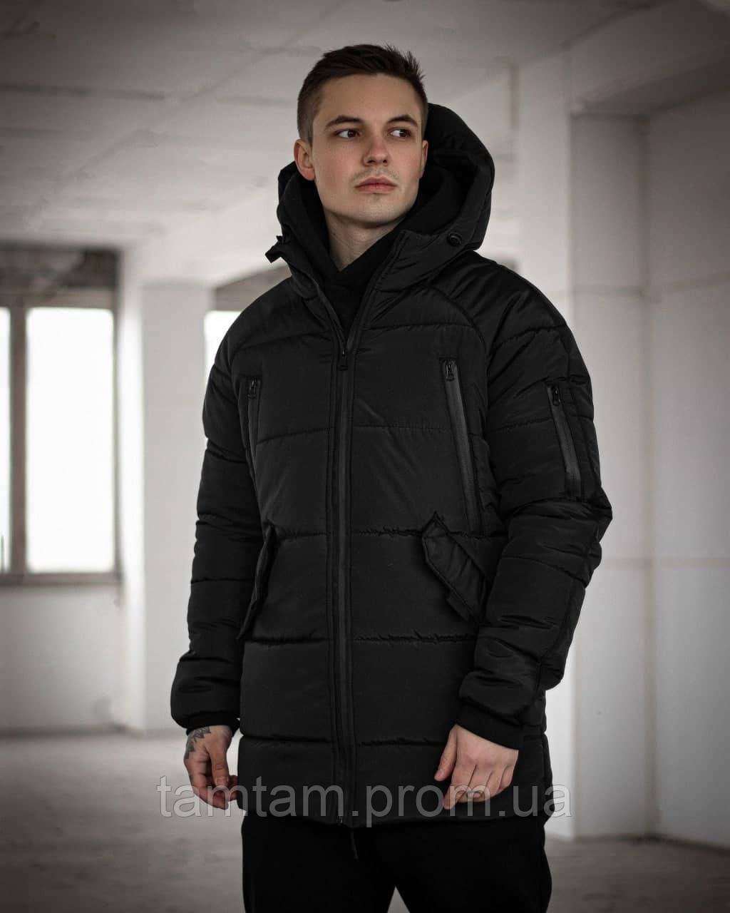 Мужская зимняя куртка парка черная с капюшоном, теплая удлиненная куртка пуховик стильная модная Stark Там - фото 2 - id-p2031112225