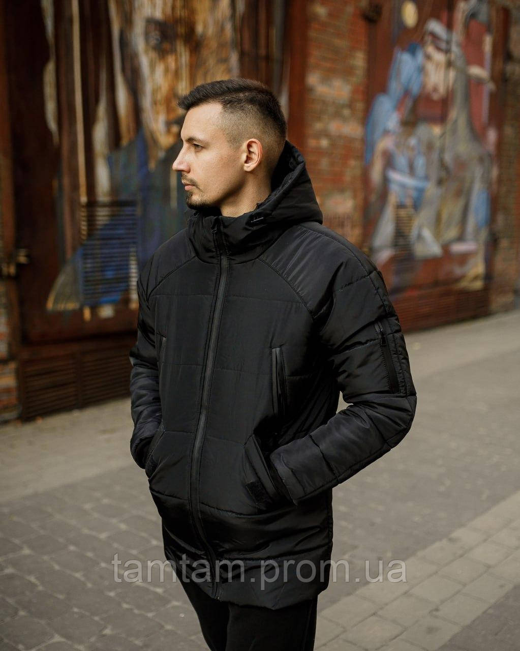 Мужская зимняя куртка парка черная с капюшоном, теплая удлиненная куртка пуховик стильная модная Stark Там - фото 4 - id-p2031112225
