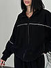 Чорний жіночий теплий м'який повсякденний костюм із полар флісу: кофта на блискавці та штани на манжеті, фото 3