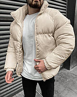 Зимняя мужская куртка бежевая без капюшона короткая, стеганый объемный теплый пуховик на зиму Там