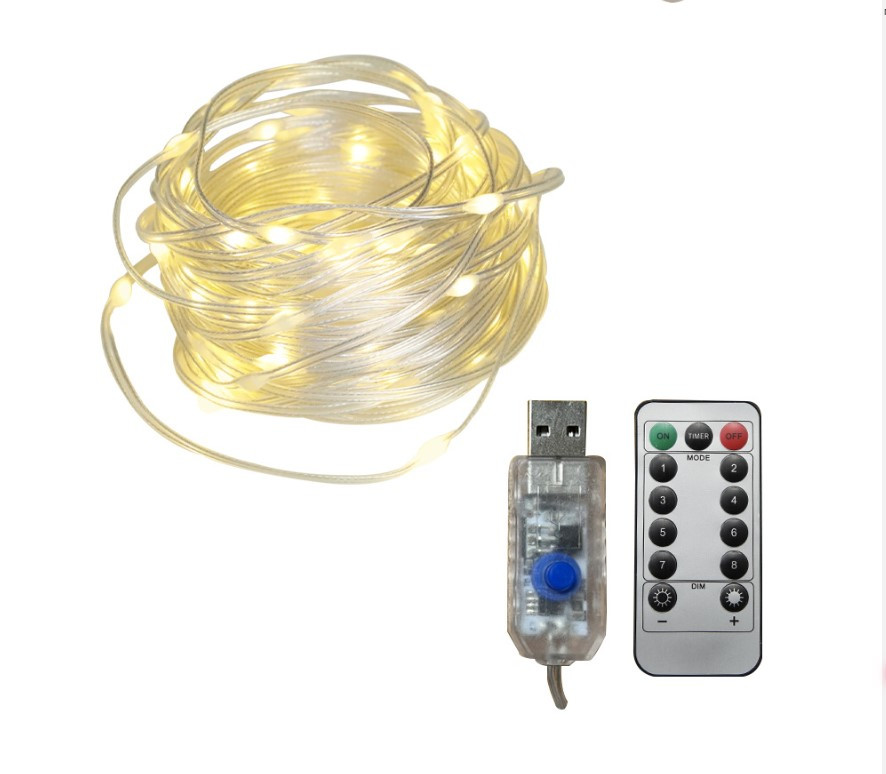 Світлодіодна гірлянда Роса USB 100LED + пульт ДК колір Теплий Білий