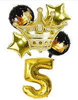 Шары воздушные фольгированные Коронка, набор шаров с цифрой 5 золото 6 шт