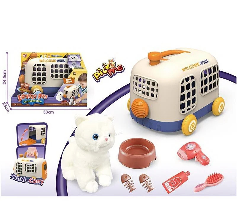 М`яка іграшка Кошеня у переносці на коліщатках, щітка, фен, тюбик крему, 24*19*19см (913-2), фото 1