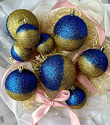 Новорічна куля 10 см Глітер | прикраси ялинкові українські патріотичні | новорічні іграшки жовто-блакитні