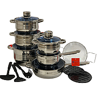 Качественный набор кастрюль сковородка для обычных и индукционных плит немецкое качество 18 предметов Banoo