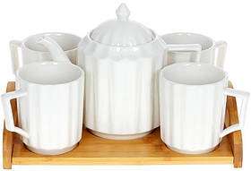 Чайний набір Nouvelle Home Naturel чайник 900 мл і 4 кухлі 300 мл на таці 29х20х18 см Bona (2000002632375)