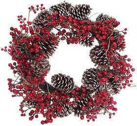 Новорічний декоративний вінок із червоних ягід з шишками Ø 60 см Bona (2000002649915)