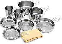 Набір металевого посуду 8 предметів для пікніка (сковороди, ковші, тарілки, кухлі) Ø 14x6,5 см, Ø15x3 см,