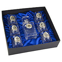 Набор стаканов для виски с графином "Гербовый с казаками" 7 предметов Boss Crystal серебро, золото, хрусталь