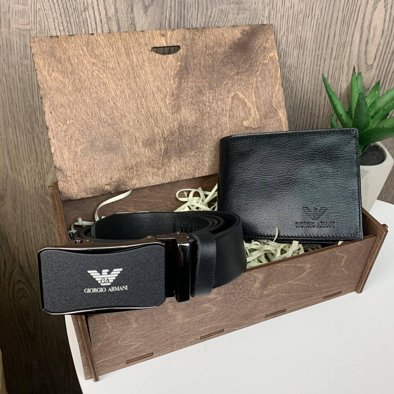 Мужской подарочный набор кожаный кошелек стиль Armani + ремень Армани в коробке премиум FM - фото 4 - id-p1776517218
