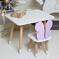 Детский прямоугольный столик (Белый) и стульчик Корона (Белая), письменный стол для детей, детский набор стол Бабочка фиолетовая