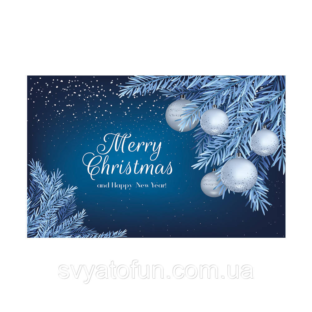 Плакат для свята "Merry Christmas" білі кульки на синьому 75×120 см
