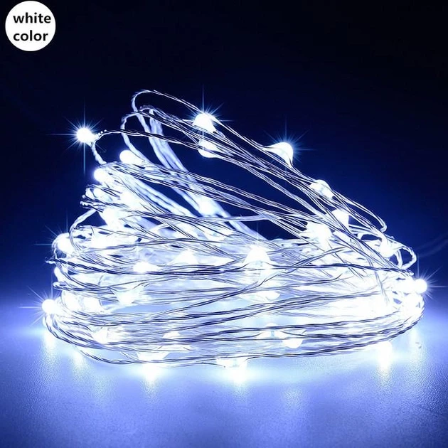 Xmas гірлянд 100 Led 10m (Copper) на мідному дроті (Крапля роси) W Біла від батарейок+USB Холодний білий iC227, фото 1