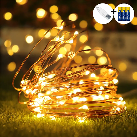 Xmas гірлянд 100 Led 10m (Copper) на мідному дроті (Крапля роси) WW від батарейок+USB Теплий білий YU227, фото 3