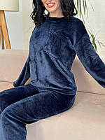 Махровый женский домашний костюм с декоративными карманами 50/52, Темно-синий