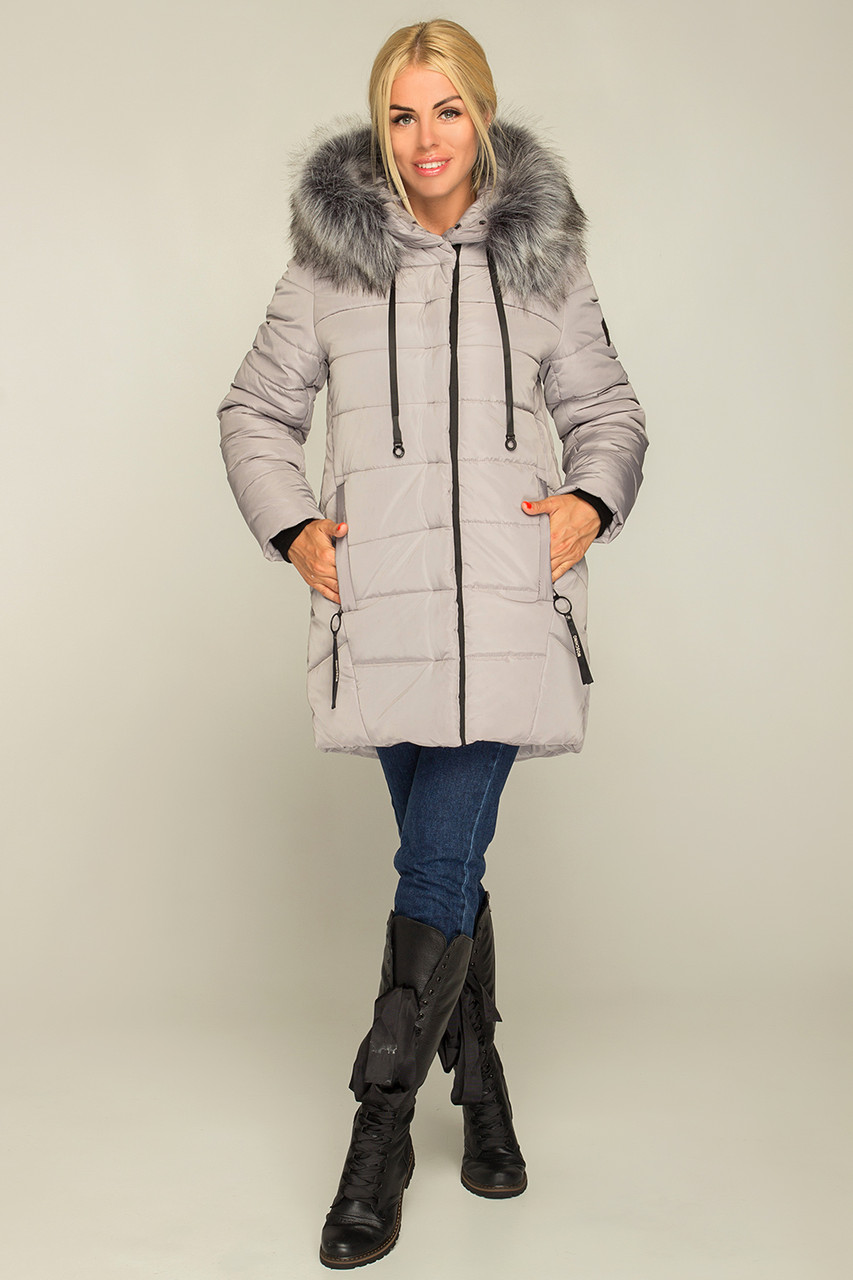 Модная зимняя куртка Simona удлиненная с мехом 52-56 размера серая - фото 4 - id-p2031603862