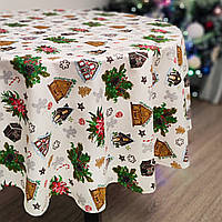 Новогодняя скатерть нарядная с водоотталкивающей пропиткой на овальный стол из натурального хлопка