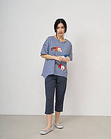 Комплект женский домашний синий с футболкой в полоску и капри, синяя женская пижама XL