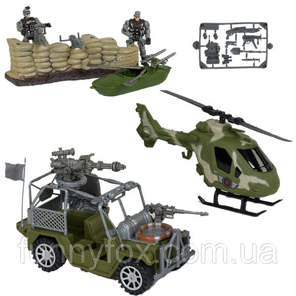Набір військової техніки іграшковий (військовий джип, гелікоптер, човен, 2 фігурки військових) HW-M 2903