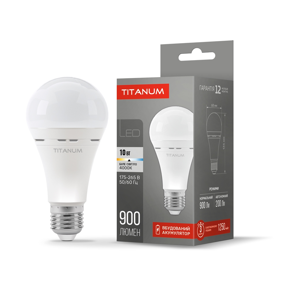 LED лампа акумуляторна TITANUM A68 10W E27 4000K 1250mAh 220V 900Lm/200Lm (стандартний патрон Е27) TL-EMA68-10274, фото 1