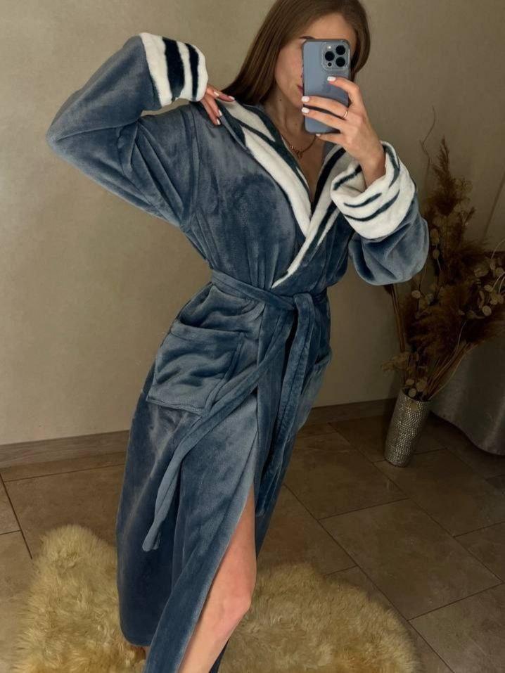 Жіночий довгий махровий халат сірого кольору з капюшоном і поясом, фото 1