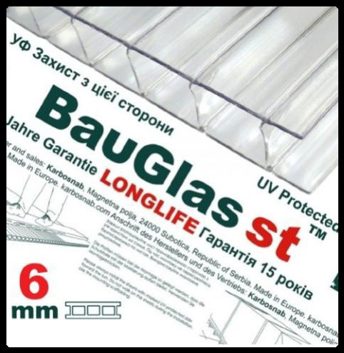 Стільниковий полікарбонат 6 мм BauGlas ST Longlife 1UV прозорий Стандарт (Сербія)