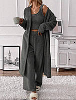 Женская теплая,мягкая,повседневная,махровая брючная пижама с халатом.Домашний турецкий костюм 3-ка со штанами Графит, 42/44