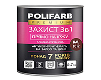 Емаль-ґрунт алкідно-уретанова POLIFARB "Захист 3 в 1" для металу та оцинкування, RAL 8012-червоно-коричневий 2,7 кг