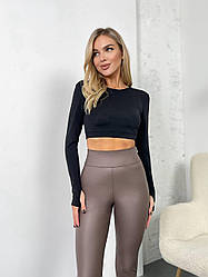 Жіночі утеплені стрейчеві лосини з матової еко-шкіри на флісі із завищеною посадкою Колір Мокко