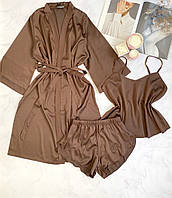 Женский шелковый комплект халат шорты и майка L-XL мокко