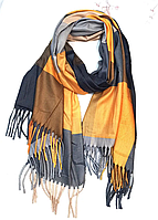 Теплый кашемировый шарф палантин Карлайл клетка 180*65 см серый/желтый