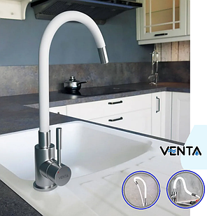 Змішувач для кухні VENTA VA3008-Білий з гнучким гусаком (картридж 35 мм) Нержавіюча сталь