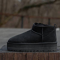 Женские зимние UGG Classic Ultra Mini Platform Black, теплые черные замшевые угги ультра мини на платформе