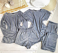 Велюровый комплект четверка: шорты, майка, штаны и кофта M серый
