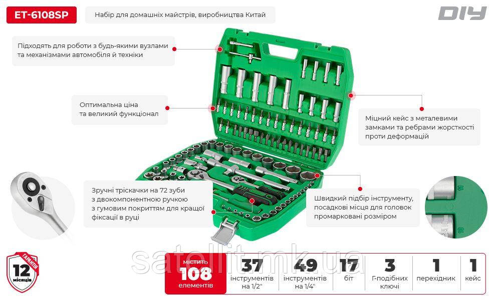 Набір інструментів INTERTOOL 108 од. 1/2", 1/4", ET-6108SP